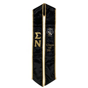 May include: Black graduation stole with gold trim and the letters "ΣΝ" and "Class of 20" embroidered in gold.