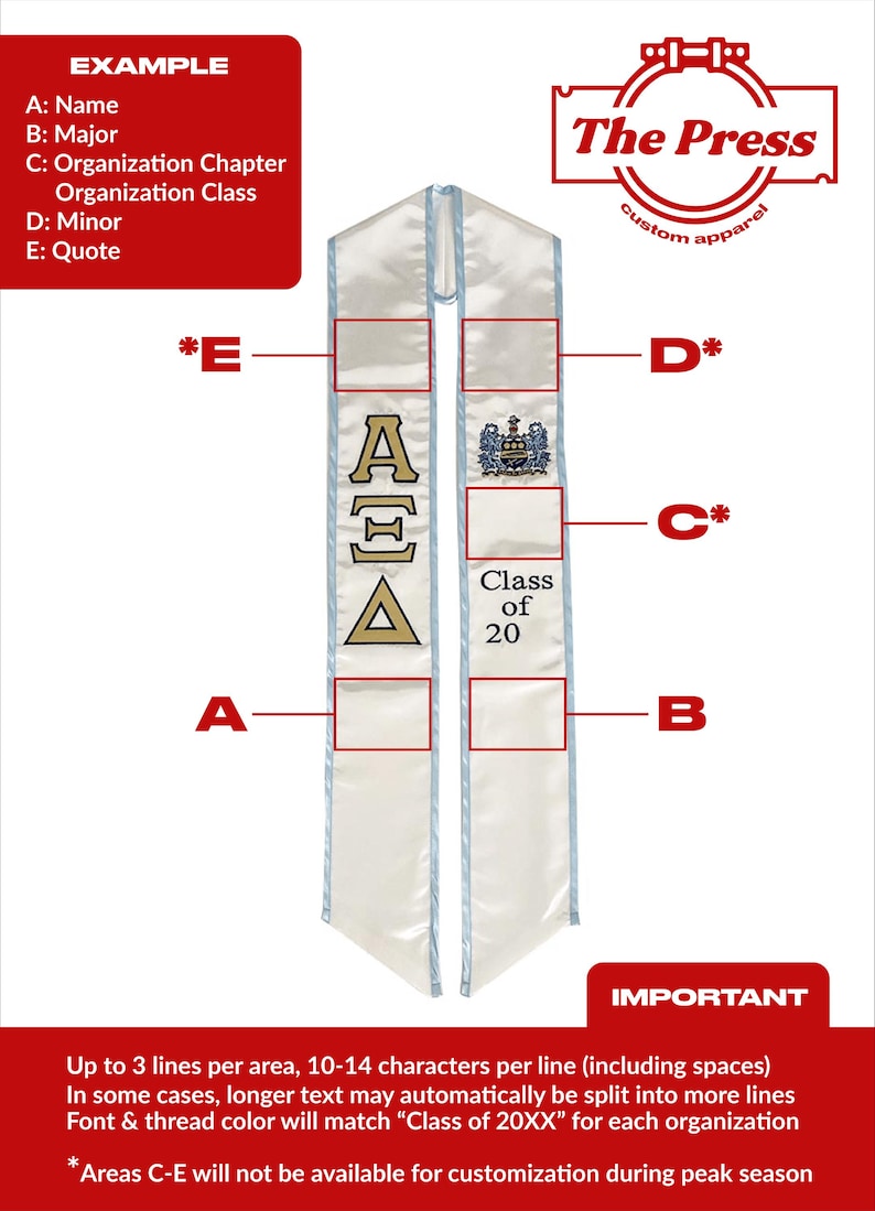 May include: A white graduation sash with blue trim. The sash has a gold Greek letter design, "Class of 20" text, and areas for personalization. The sash is for a graduation ceremony.