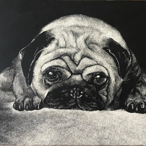 Custom pet portrait from a photo. Made using scraperboard technique 100% Hand-painted Portrait. Individual Gift for a loved one.