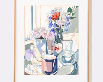 SIGNED "Diet Coke and Flowers" Giclée Print; Carnations and Coke Pen and Ink Gouache Still Life Painting