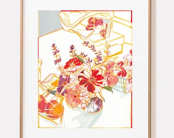 SIGNED Kiawah Market 8x10” Giclée Print; Floral Pen and Ink Gouache Painting