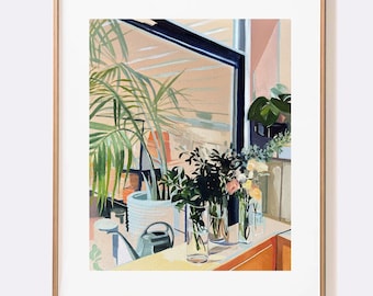 SIGNED "Brooklyn Plant Shop" Giclée Print; House Plants, Palm fronds, and roses Still Life Oil Painting Archival Print