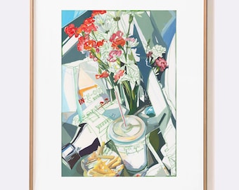 SIGNED "Road Trip" Giclée Print; In N Out fries and milkshake; Carnations and Chrysanthemums