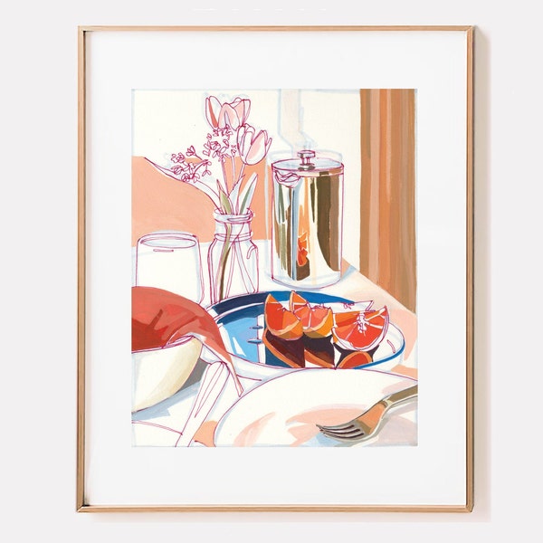 Signed "Breakfast in the Catskills" giclee print. abstract modern oranges, tulips, coffee. still life gouache painting. Unframed.