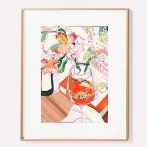 SIGNED &quot;Orange Wine&quot; Lillies Giclée Print; Floral and Wine Still Life Pen and Ink Gouache Painting