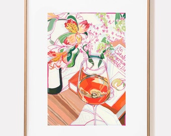 SIGNED "Orange Wine" Lillies Giclée Print; Floral and Wine Still Life Pen and Ink Gouache Painting