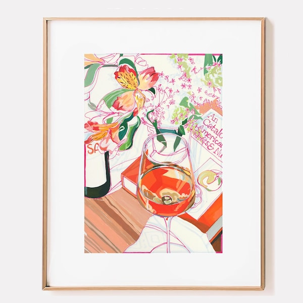 SIGNED "Orange Wine" Lillies Giclée Print; Floral and Wine Still Life Pen and Ink Gouache Painting