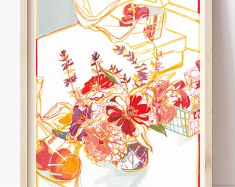 SIGNED Kiawah Market 8x10” Giclée Print; Floral Pen and Ink Gouache Painting