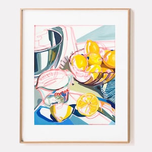 SIGNED "Lemons" Giclée Print; Citrus and Pyrex Blue and Yellow Still Life Pen and Ink Gouache  Painting