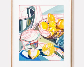 SIGNED "Lemons" Giclée Print; Citrus and Pyrex Blue and Yellow Still Life Pen and Ink Gouache  Painting