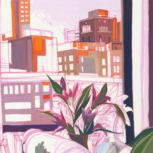 Signed Manhattan Sunset gouache painting giclee print. Unframed. image 3
