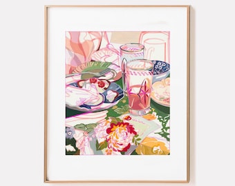 SIGNED "Brunch Party" Sunday brunch giclee print by Anissa Riviere; still life painting  vintage glasses, ceramics, tablecloth, floral print