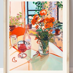 Signed Marigolds and Rose Wine Giclée Print: Still Life Oil Painting