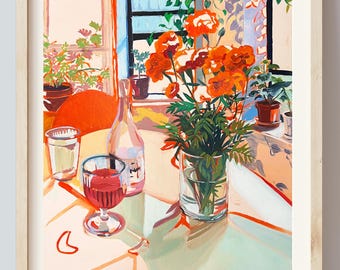 Signed Marigolds and Rose Wine Giclée Print: Still Life Oil Painting
