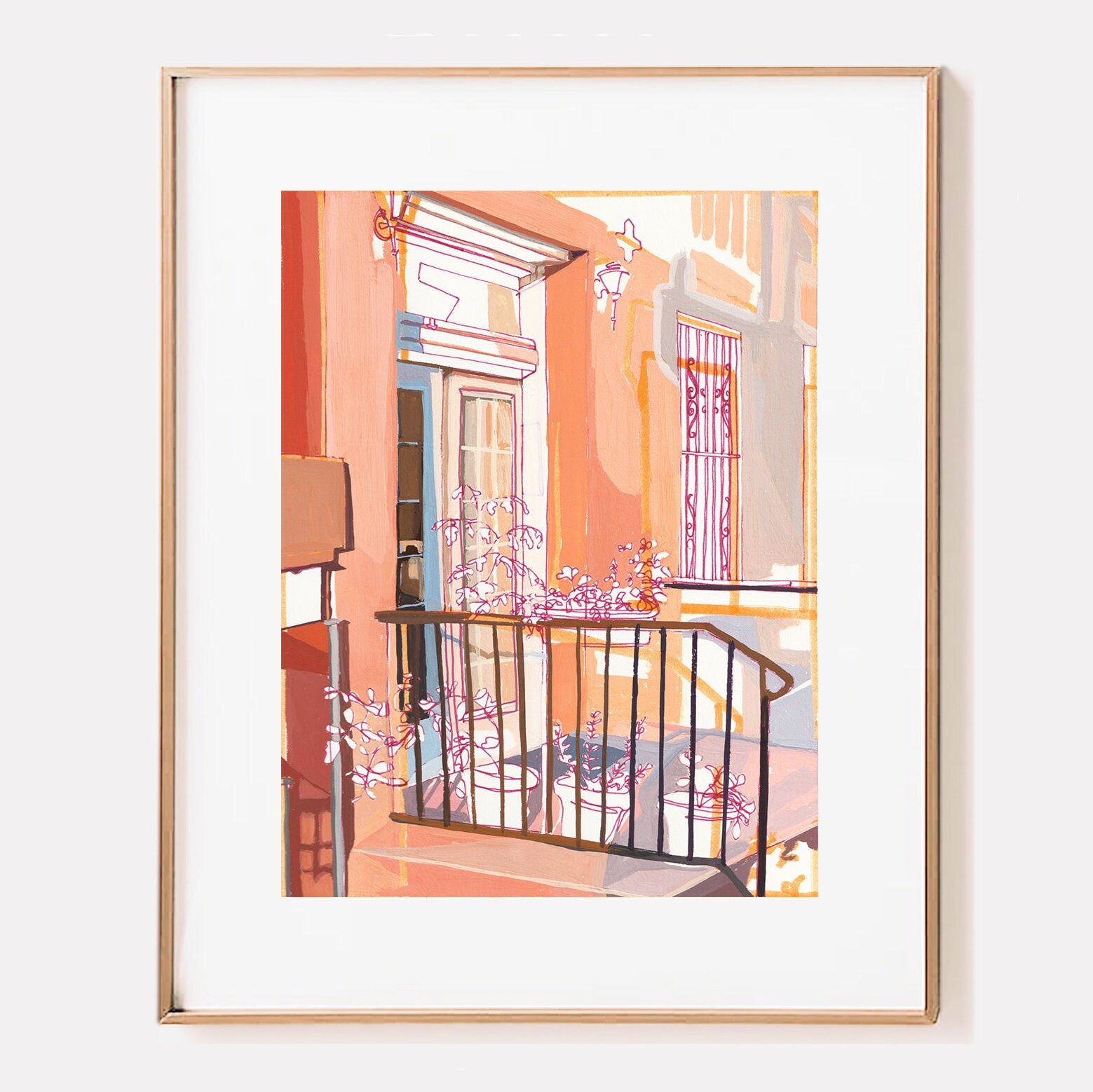 Signed "Golden Hour in Brooklyn" abstract modern tulips, ceramic vase, muffins still life gouache painting giclee print. Unframed.