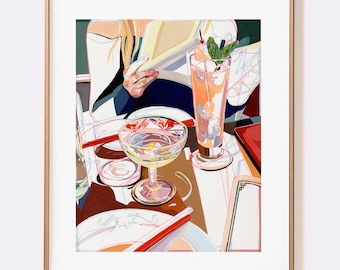 SIGNED "Martini with a Twist" Giclée Print; Cocktails and Crystal Glassware Ink and Gouache Still Life Painting