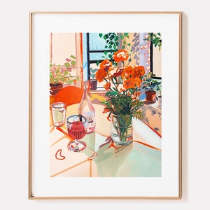 SIGNED &quot;Olivia&#39;s House&quot; Giclée Print; Floral Marigolds and Rose Wine Print Still Life Oil Painting