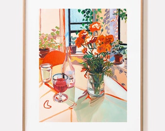 SIGNED "Olivia's House" Giclée Print; Floral Marigolds and Rose Wine Print Still Life Oil Painting