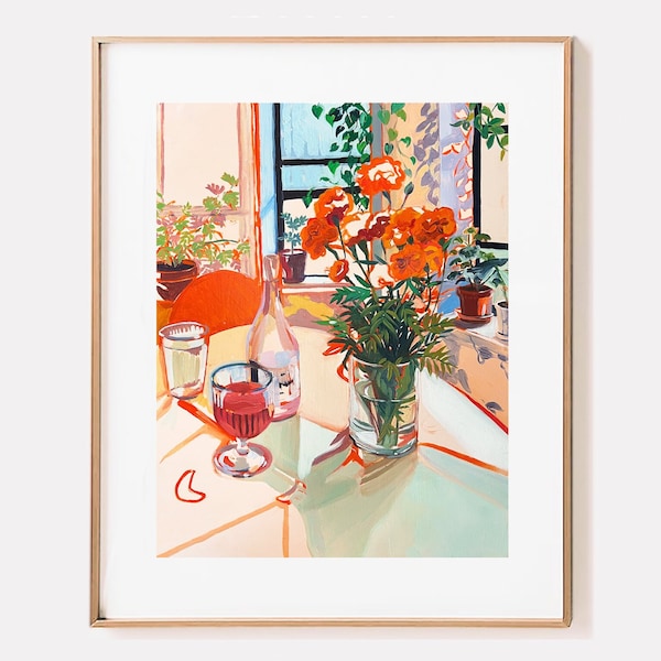 SIGNED "Olivia's House" Giclée Print; Floral Marigolds and Rose Wine Print Still Life Oil Painting