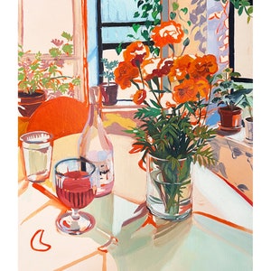 SIGNED "olivia's House" Giclée Print; Floral Marigolds and Rose Wine ...
