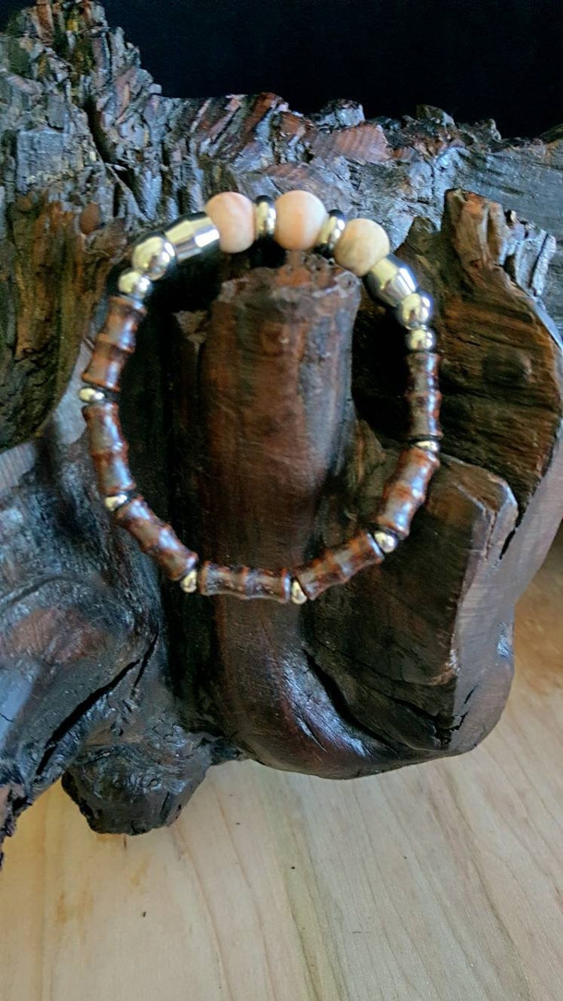 Unisex Bracelet Bamboo Woid and Crazy Lace Agate Bracelet Gift for Him