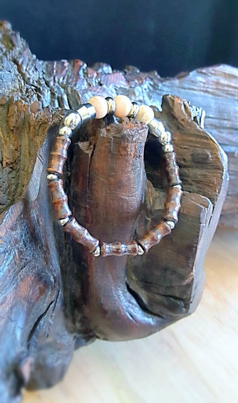 Unisex Bracelet Bamboo Woid and Crazy Lace Agate Bracelet Gift for Him