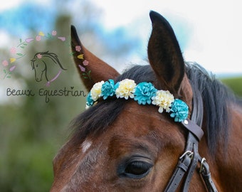 Aangepaste bloem frontriem Paardensport, Teal Blue en Cream, Floral Horse Tack, Ruiter, Bloemenkroon, Paardensport Cadeau, Paardenfotografie