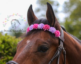 Aangepaste bloem frontriem Paardensport, Lila en Hot Pink, Floral Horse Tack, Ruiter, Bloemenkroon, Paardensport Cadeau, Paardenfotografie