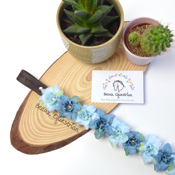 Ecuestre de banda de frente de flores personalizada, azul bebé y azul oscuro, tachuela de caballo floral, regalo de jinete de caballo, regalo ecuestre, fotografía equina