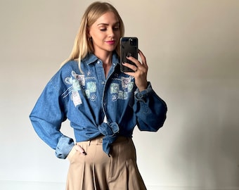 Vintage 90er Dunkelblauer Jeans Aufnäher Besticktes Oversized Shirt