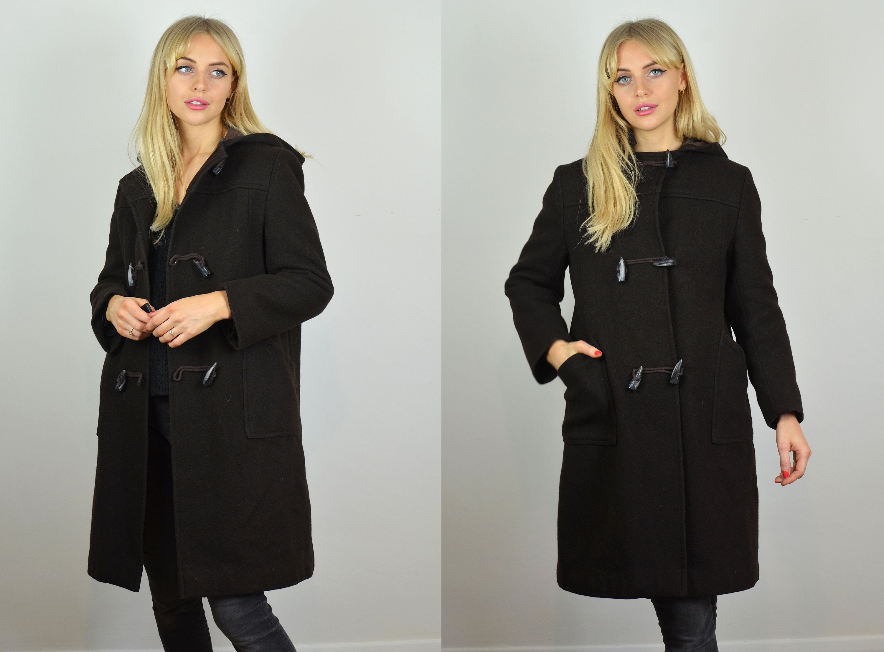 Image of Vintage S Dark Brown Long Narrow Duffle Coat