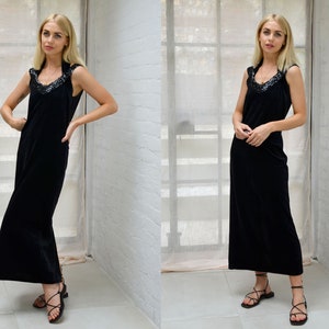 Vintage 90s Black Velvet & Sequin Ankle Length Black Tie / Evening Dress