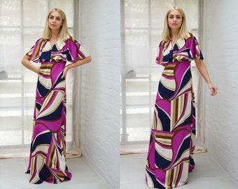 Vintage 90s Purple, Navy & White Evening Floor Length Maxi Dress