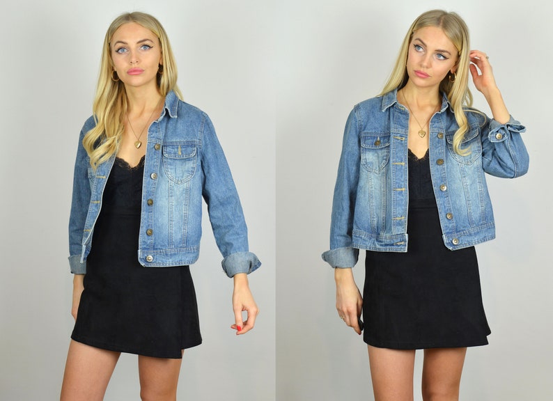 Petite Vintage 90s Mid Blue Crop Denim Jacket
