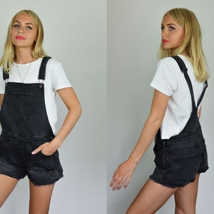 Vintage 90s Y2K Faded Black Denim Short Frayed Dungarees