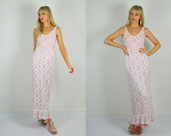 Vintage 1970er Weiß & Rosa Spitze Sommer Hochzeitskleid