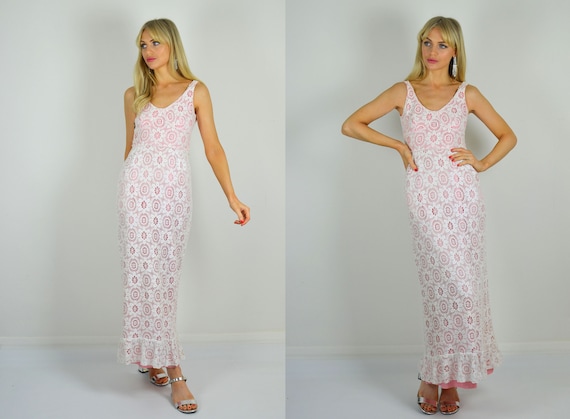 Vintage 1970s White & Pink Lace Fitted Summer Wedd