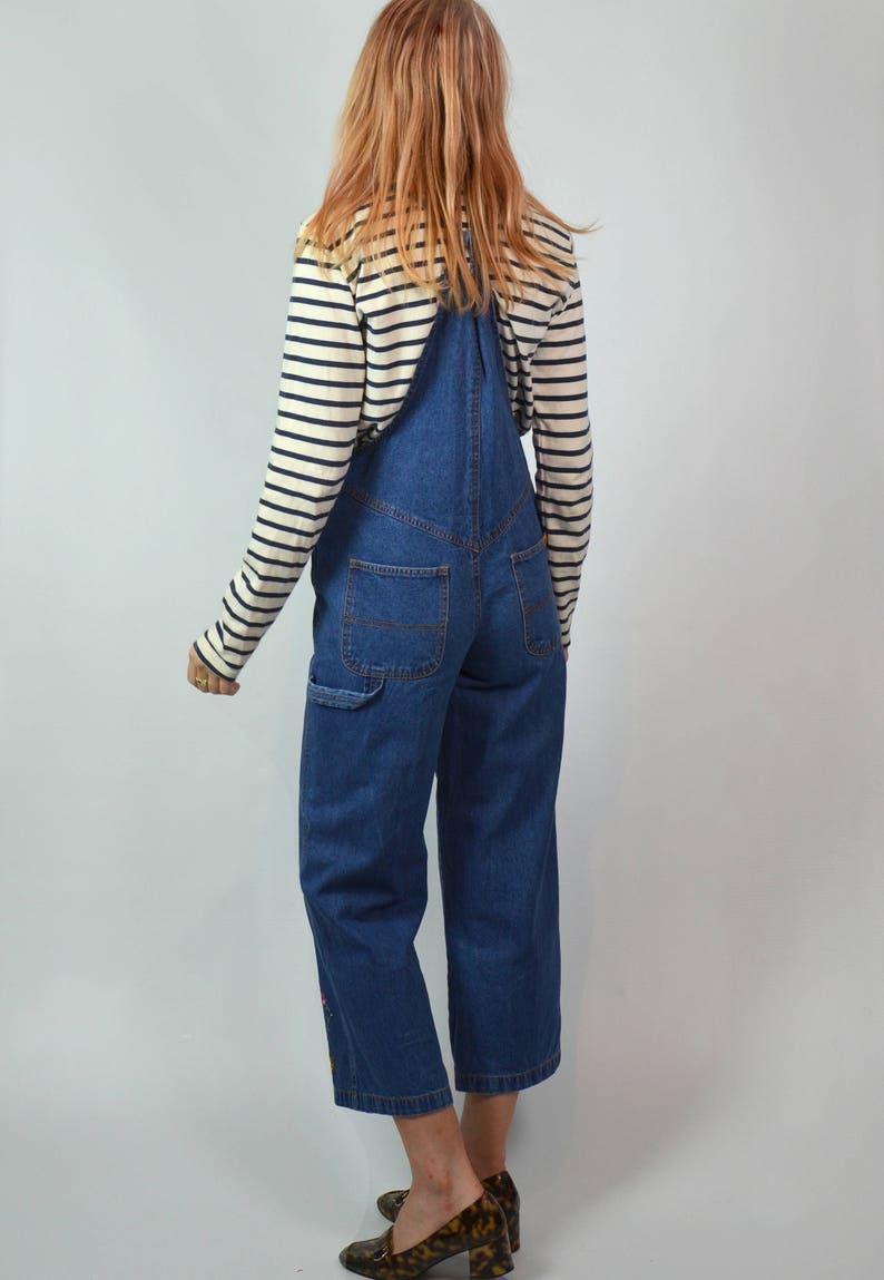 Vintage 90s Petite Indigo Blue Denim Cropped Flare Embroidered Dungarees