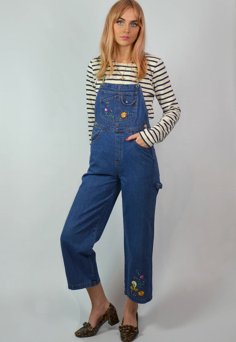 Vintage 90s Petite Indigo Blue Denim Cropped Flare Embroidered Dungarees