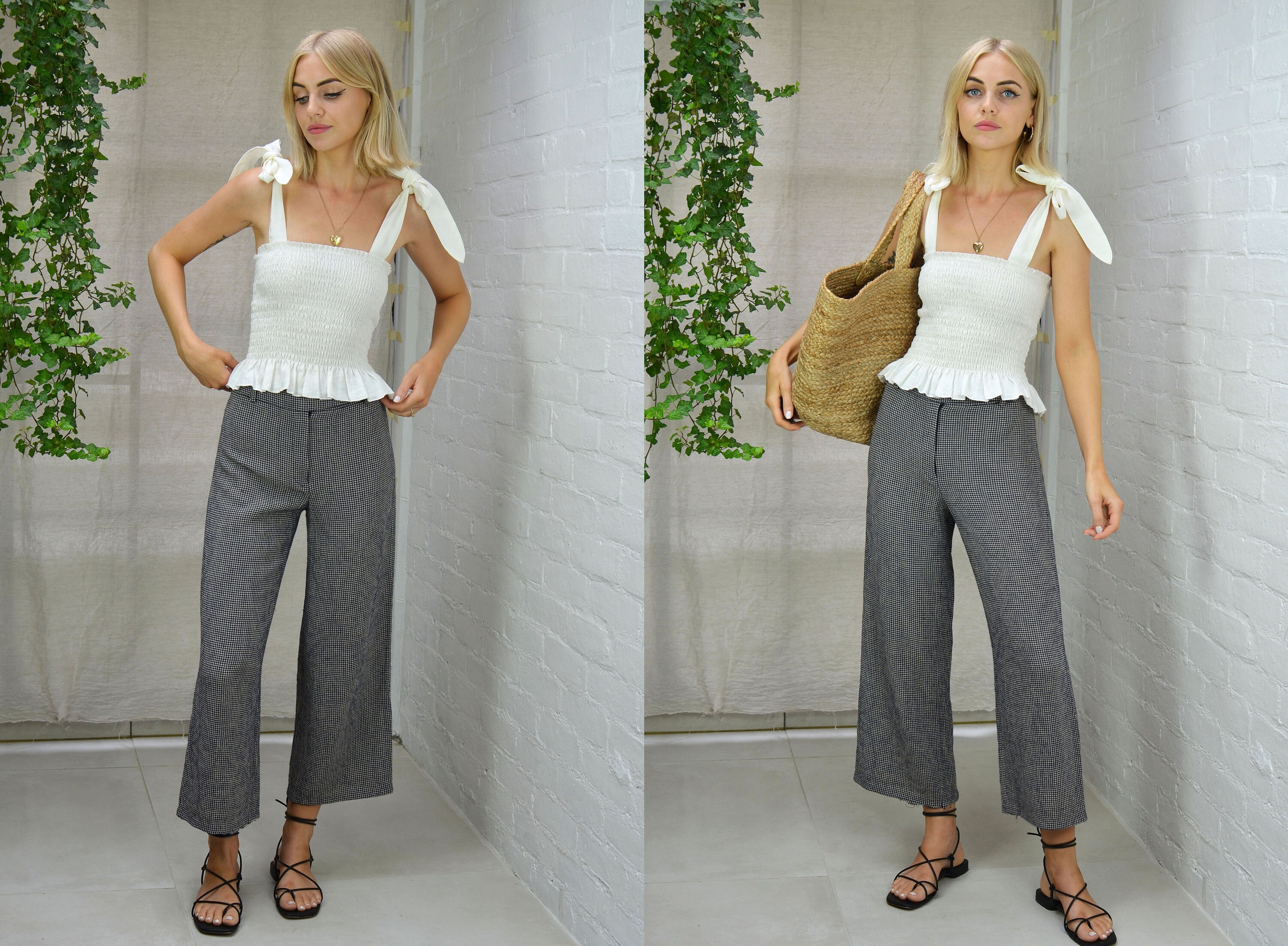 Image of Armani Vintage S Black White Check Wide Leg Crop Trousers