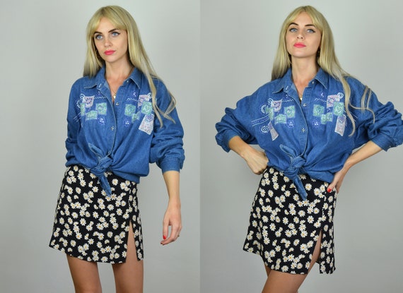 Vintage 90s Dark Blue Denim Embroidered Oversized