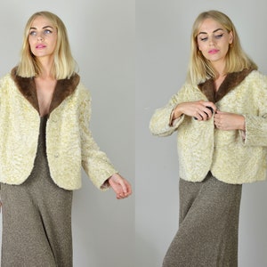 Vintage 50&#39;s Cream Curly Faux Fur & Brown Collar Crop Jacket
