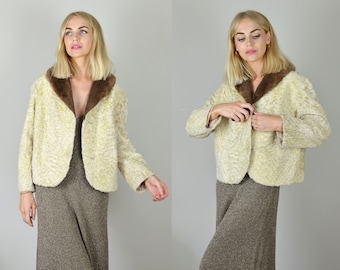 Vintage 50's Cream Curly Faux Fur & Brown Collar Crop Jacket