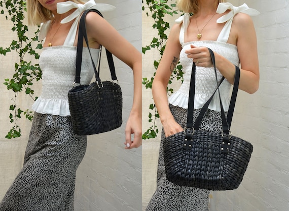 Vintage Y2K Black Woven Straw Basket Shoulder Bag