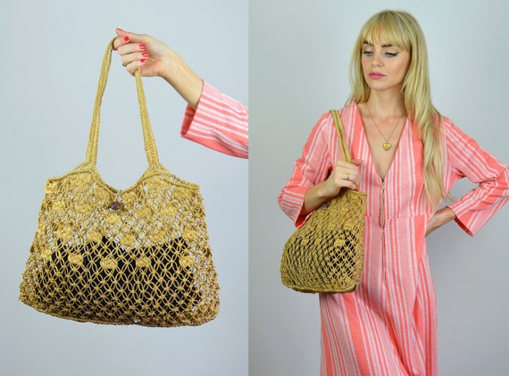 Vintage 70s Light Brown Macrame Basket Bag