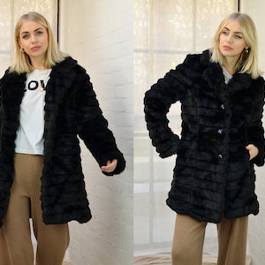 Vintage 90s Soft Black Ribbed Faux Fur Coat