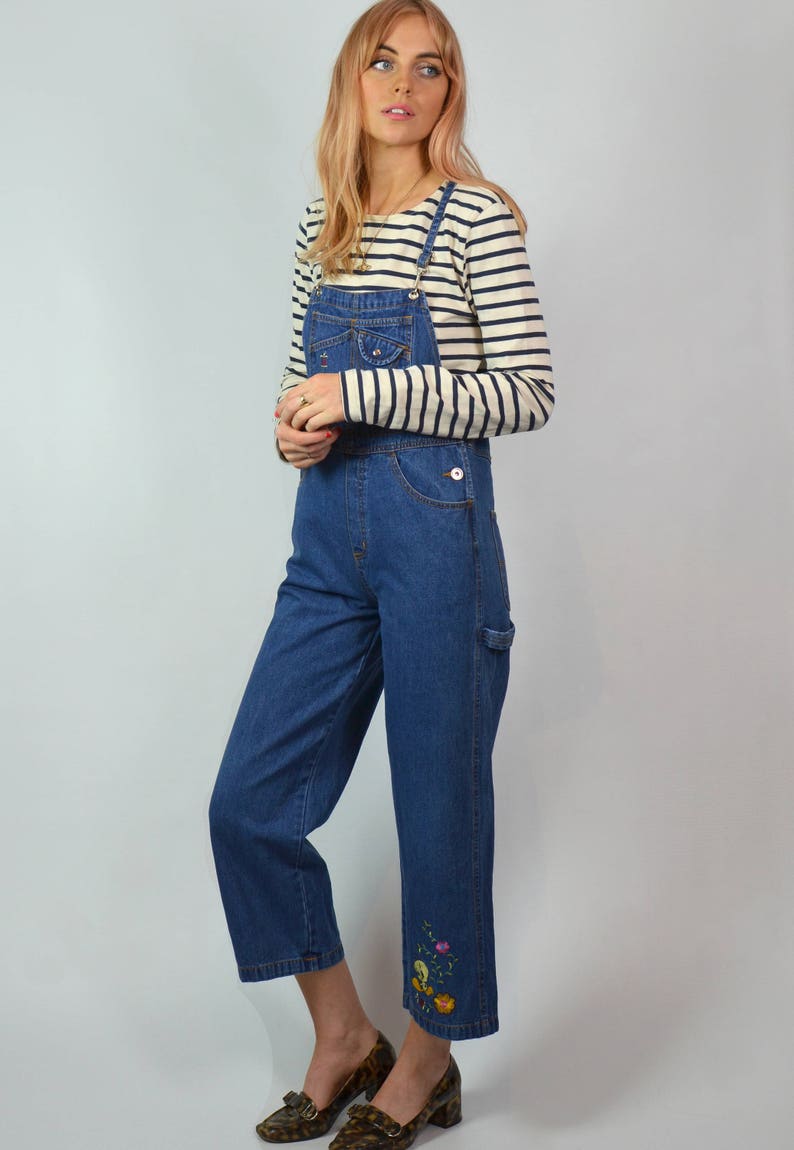 Vintage 90s Petite Indigo Blue Denim Cropped Flare Embroidered Dungarees