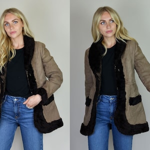 Vintage 70s Beige & Dark Brown Sheepskin / Shearling Coat Boho Penny Lane