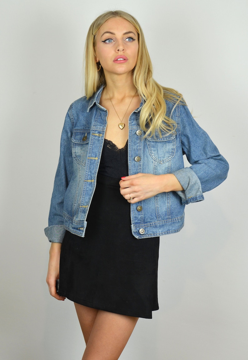 Petite Vintage 90s Mid Blue Crop Denim Jacket