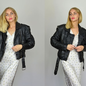 Vintage 90er Crop Black Leder Biker Jacke